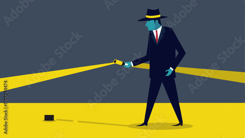 Crime Scene Tape The detective stands next to yellow crime scene tape using a flashlight to inspect the area beyond the tape for any overlooked details.