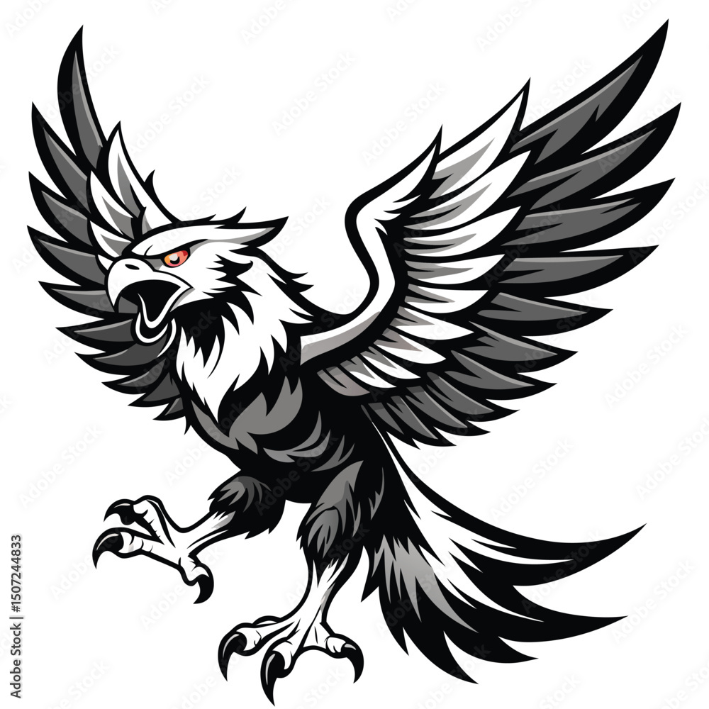 Majestic eagle soaring with spread wings detailed vector graphic illustration black and white. Majestic eagle soaring with spread wings detailed vector graphic illustration black and white.
