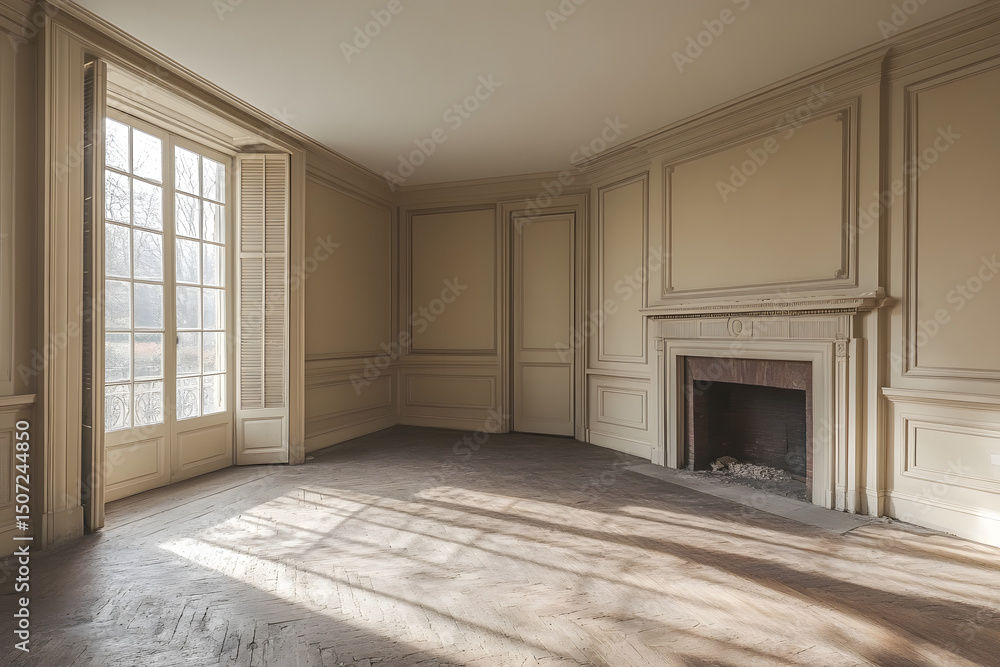 Empty room with fireplace, beige walls, a window on the left side, and wooden shutters closed. Empty room with fireplace, beige walls, a window on the left side, and wooden shutters closed.