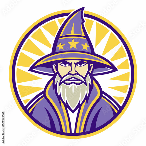 Stern Wizard Portrait with Pointed Hat and Stars in a Circular Frame