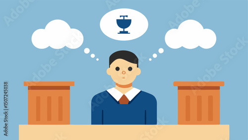 Defendants Thoughts An illustration showcasing thought bubbles above the defendants head with questions and worries during the courtroom proceedings.