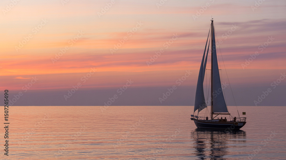Peaceful sailboat gliding across calm waters illuminated by a beautiful sunset sky Peaceful sailboat gliding across calm waters illuminated by a beautiful sunset sky