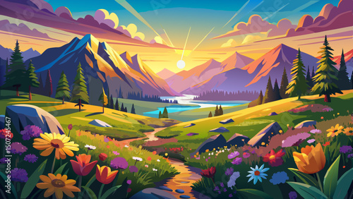 A breathtaking sunrise casts golden light over a vibrant wildflower valley nestled in the mountains, where colorful blooms awaken beneath the warm glow of morning in this serene vector landscape.