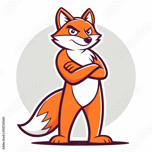 Confident Fox Character with Arms Crossed Against a Gray Circular Background