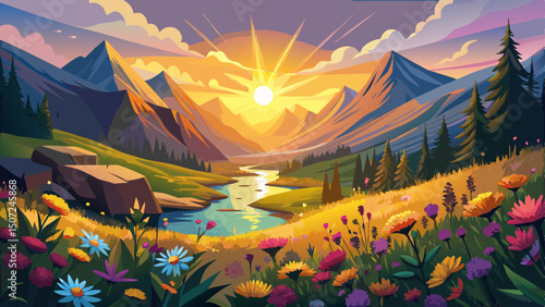A breathtaking sunrise casts golden light over a vibrant wildflower valley nestled in the mountains, where colorful blooms awaken beneath the warm glow of morning in this serene vector landscape.