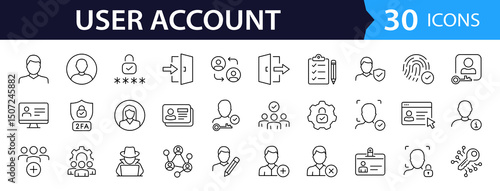 User Account Web Icon Set in Line Style. Collection of User profile Linear Icons, Including Profile, avatar, login, password, username, add friend, access, connect and more. Editable Stroke