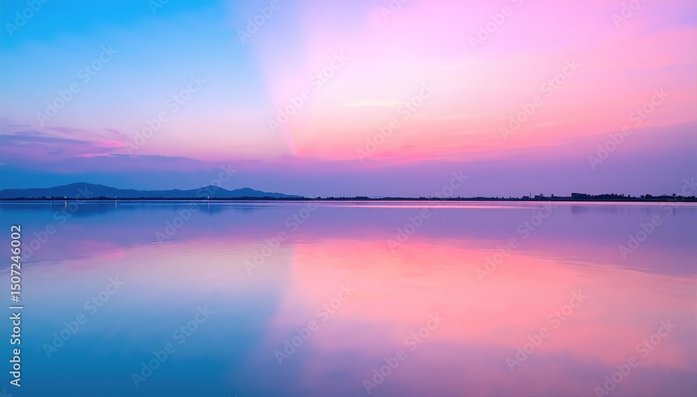 Fototapeta premium A stunning sunset casts vibrant hues of orange and pink across the tranquil water, reflecting the majestic mountains silhouetted in the background.