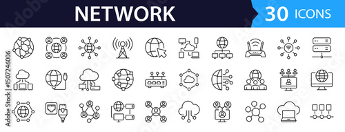 Network Web Icon Set in Line Style. Collection of Information Technology Linear Icons, Including connection, communication, technology, internet, IT, router, signal, wireless and more. Editable Stroke