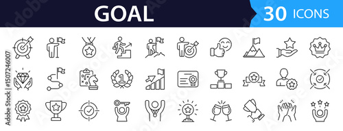 Business goal Web Icon Set in Line Style. Collection of Success Linear Icons, Including process, target, aim, focus, human resource, strategy, winner, action plan, strategy and more. Editable Stroke