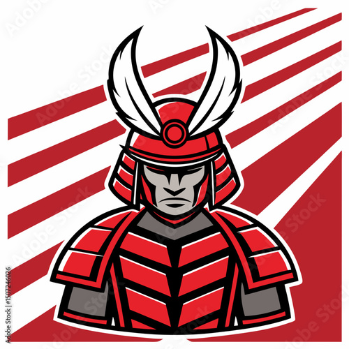 Red Armored Samurai Warrior with Horned Helmet on a Red and White Background