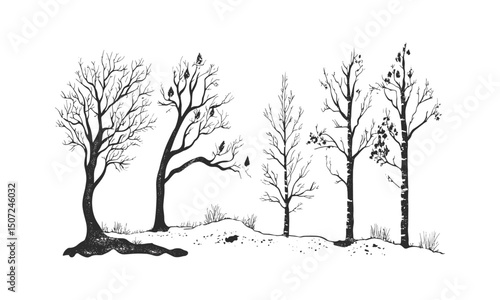 Nordic winter forest, birch tree silhouette, engraving style artwork, wild nature scene, hand-drawn trees, arctic landscape, vector illustration, cold wilderness, natural scenery