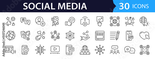 Social Media Web Icon Set in Line Style. Collection of social network Linear Icons ,Including Like, share, blog, comment, media, website, content, business marketing and more. Editable Stroke