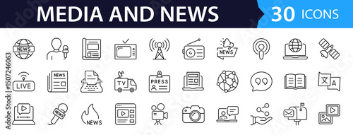 News media Web Icon Set in Line Style. Collection of Mass media Linear Icons, Including tv, radio, newspaper, magazine, news, broadcasting, press, interview, journalism and more. Editable Stroke