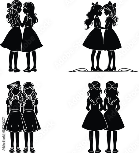 Four sets of silhouette twins in dresses and bows standing together in a white background image