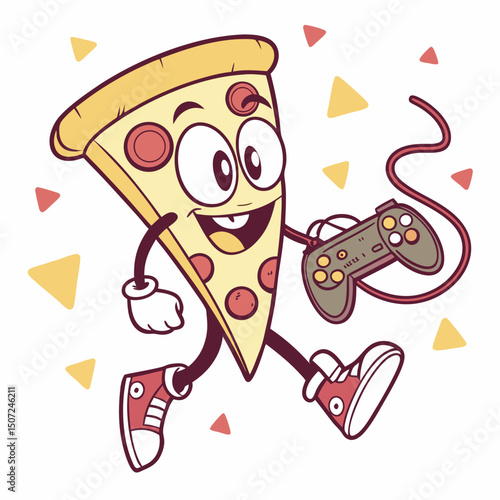 Cartoon Pizza Slice Character Running with a Video Game Controller