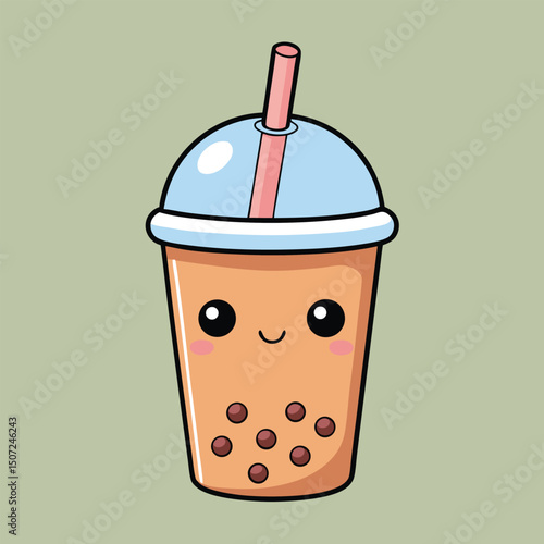 Charming Cartoon Boba Tea Illustration with Smiling Face and Straw, on Soft Green Background                                                          