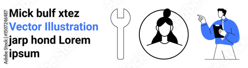 Large wrench tool, user profile icon with simple outline design, professional gesture. Ideal for teamwork, collaboration, user interface, profile setting, tool usage, instruction flow simple landing