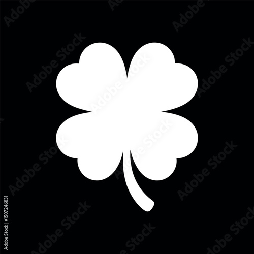 Simple White Four Leaf Clover Illustration on a Black Background for Saint Patricks Day and Irish Luck Symbolism and Holiday Celebration