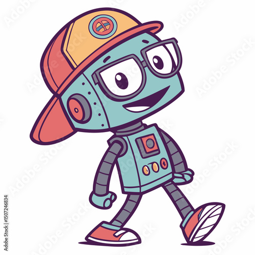 Cool Cartoon Robot Character Walking with a Baseball Cap and Glasses