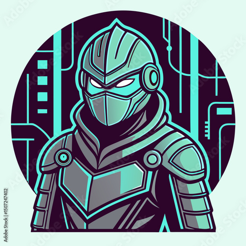 Cyberpunk Warrior in Futuristic Armor with Glowing Eyes and Circuitry Background photo