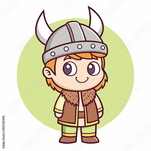 Cartoon Viking Boy with Horned Helmet and Fur Trimmed Vest Illustration