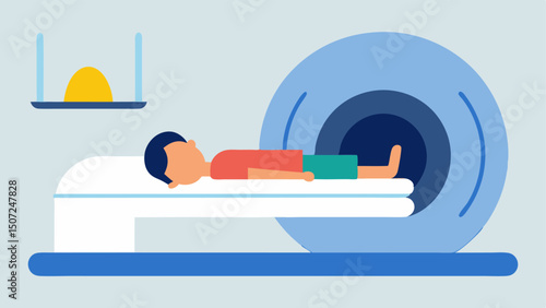 Patient Inside MRI A side view of a patient lying on the MRI machine bed with arms at their sides and a graphic representation of MRI waves indicating imaging in progress.
