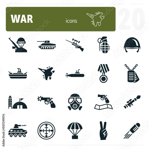 Military operation icons set featuring weapons and soldiers fighting
