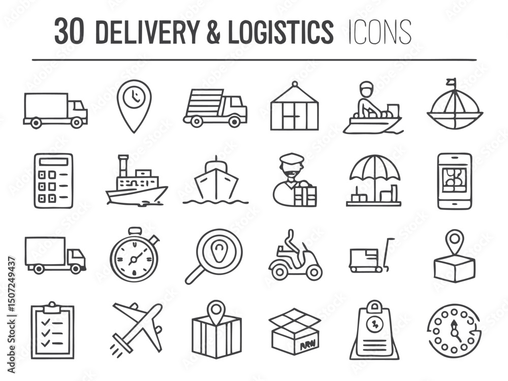 Fototapeta premium Delivery and Logistics Icon Set – Clean Black and White Line Art for Shipping and E-commerce