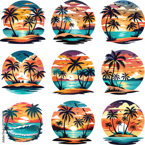 Tropical sunset beach scenes nine unique palm tree illustrations