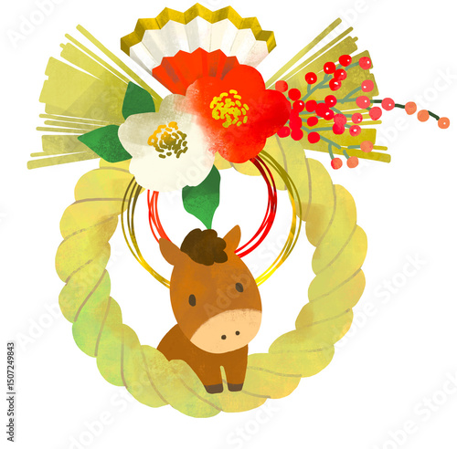 午年　しめ縄　しめ飾りと馬のかわいいイラスト