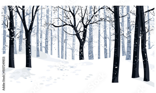 Alpine forest winter icons, birch tree silhouette, black tree vector, hand-drawn wild tree, snow scene, vector illustration, nature background, cold weather trees.