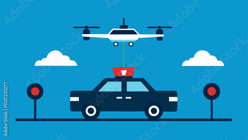 Drone Alerting Officers A drone hovering above a suspects vehicle with a visual indicator showing the live feed being sent to officers on the ground.
