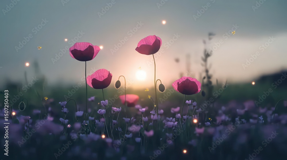 Serene Sunset Poppy Field Tranquil Nature Scene Magical Blooms Peaceful Landscape Serene Sunset Poppy Field Tranquil Nature Scene Magical Blooms Peaceful Landscape