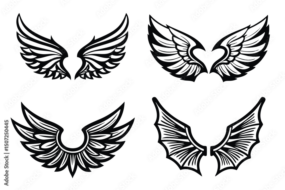 Obraz premium Diverse Wing Designs: Angelic, Decorative, and Bat-like Feathered Illustrations in Black and White for Various Graphic Applications 
