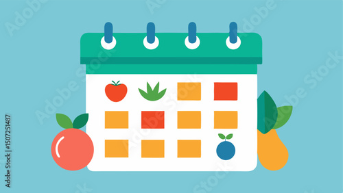 Meal Plan Calendar A calendar page displaying a weeks worth of meals with each day showing colorful nutritious food icons and a digital clock symbolizing AI scheduling.
