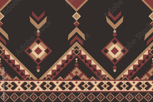 Bold tribal pattern on a black background with geometric diamond and arrow motifs in red, beige, and gold tones, inspired by traditional ethnic designs.