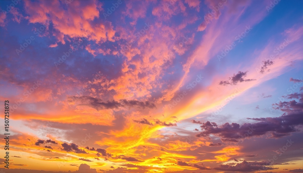Fototapeta premium A breathtaking sunset over the ocean, with vibrant hues of orange, pink, and purple reflecting off the water, while fluffy clouds drift lazily above.