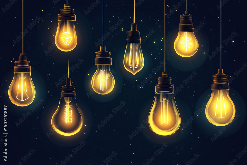 A group of glowing light bulbs hangs against a dark, speckled background, creating a warm and inviting atmosphere. A group of glowing light bulbs hangs against a dark, speckled background, creating a warm and inviting atmosphere.