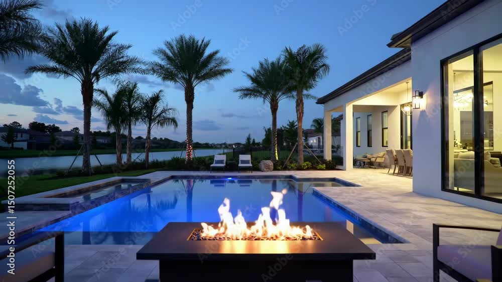 Modern Luxury Home Exterior at Dusk with Pool and Fire Pit Establishing ...