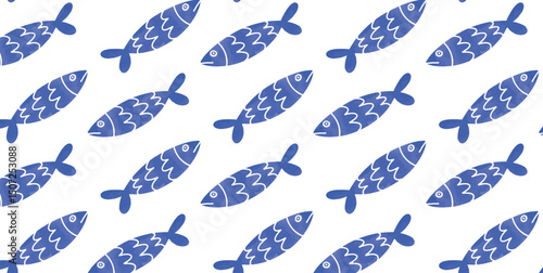 Seamless pattern with stylized Sardines. Repeating hand drawn Mediterranean food motif in blue on white background. Nautical summer flat vector illustration.