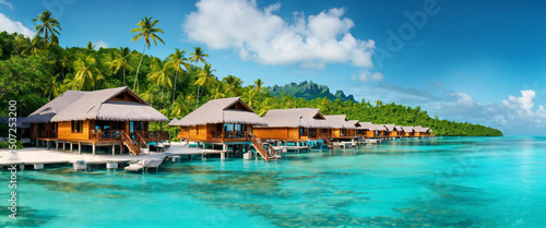 High definition, photo-realistic, overwater bungalows over crystal-clear water, YouTube channel banner size image