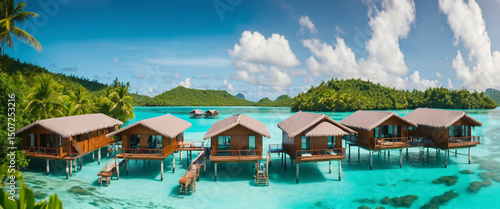 High definition, photo-realistic, overwater bungalows over crystal-clear water, YouTube channel banner size image