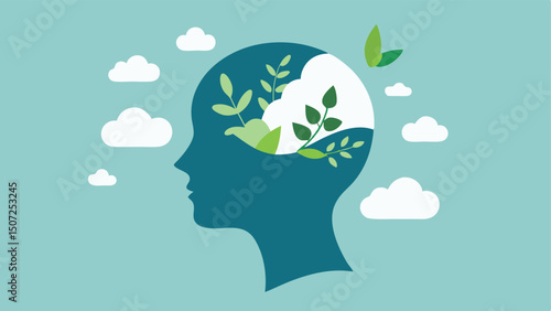 Nature Connection A head silhouette overlayed with nature elements like leaves and clouds signifying the devices role in achieving mental peace and harmony.