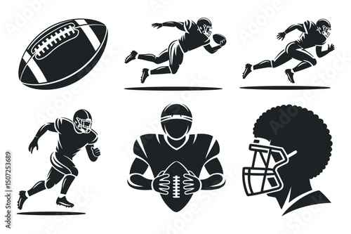 American Football Player Silhouettes in Various Poses with Ball Running Holding and Head with Afro Hairstyle on Isolated White Background