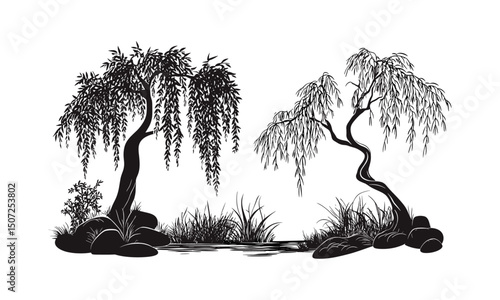 Breeze-bent willow tree silhouettes, flowing branch art, lakeside scene, peaceful tree clipart, engraved curved canopy vector illustration, natural landscape, tranquil environment, outdoor nature art.