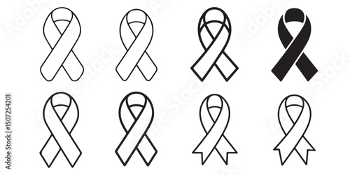 Breast cancer awareness Ribbon Icons Black White Pink Support Charity, Breast cancer awareness Ribbon Icons Set Black and White Line Art, 