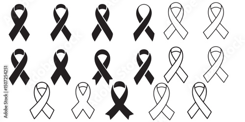 Breast cancer awareness Ribbon Icons Black White Pink Support Charity, Breast cancer awareness Ribbon Icons Set Black and White Line Art, 