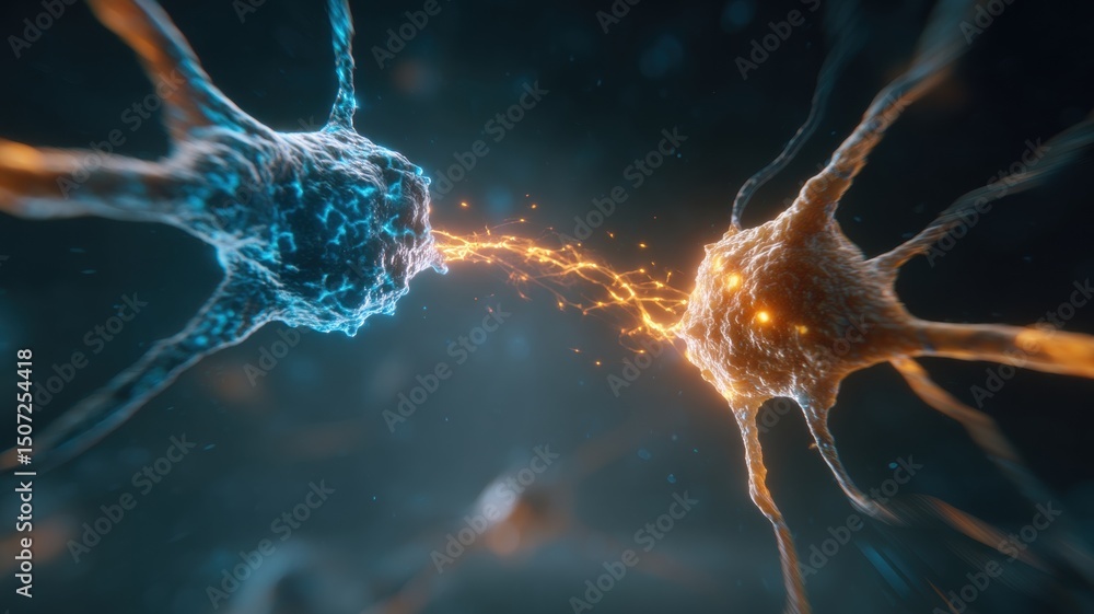 Obraz premium Neurons connected by synapses, showcasing dynamic interactions in a scientific illustration.