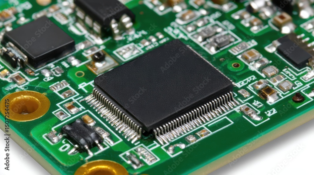 Exaggerated representation of microchips on a circuit board highlighting advanced technology in electronics Exaggerated representation of microchips on a circuit board highlighting advanced technology in electronics