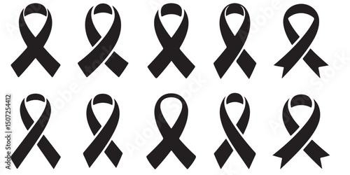 Breast cancer awareness Ribbon Icons Black White Pink Support Charity, Breast cancer awareness Ribbon Icons Set Black and White Line Art, 